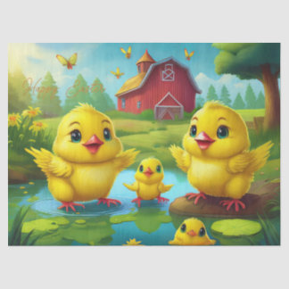 Papier Mousseline Happy Easter Yellow Chicks in a Pond by a Red Barn