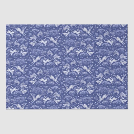 Papier Mousseline Hares Neige Champ Blanc lapins Motif d'hiver Bleu (Recto)