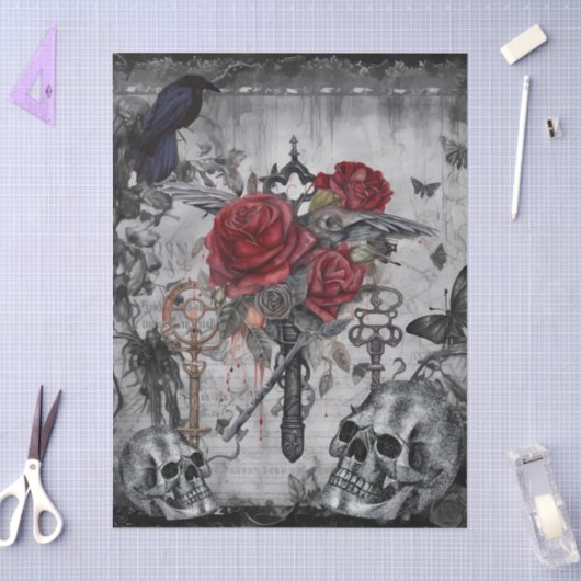 Papier Mousseline Hauning Imaginaire Gothique Corbeau Rose crânes (Artisanat)