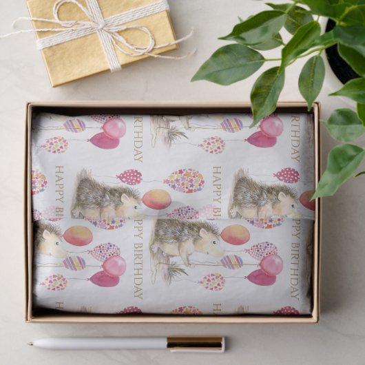 Papier Mousseline Hérisson avec ballons roses Joyeux anniversaire (Cadeau)