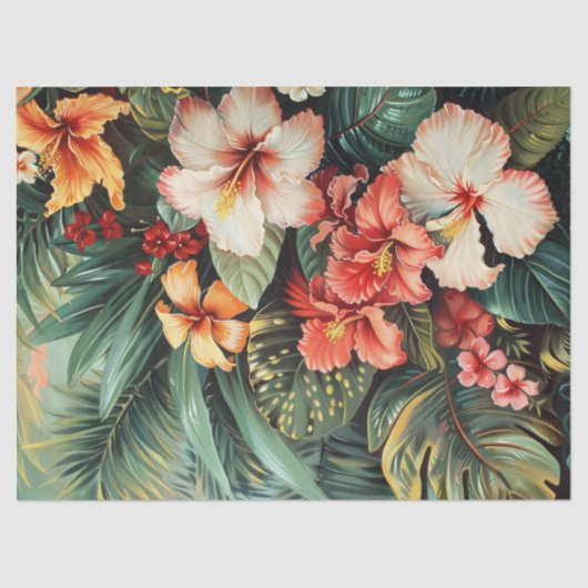 Papier Mousseline Hibiscus Fleurs Palmiers Fronds Tropical Decoupage (Recto)