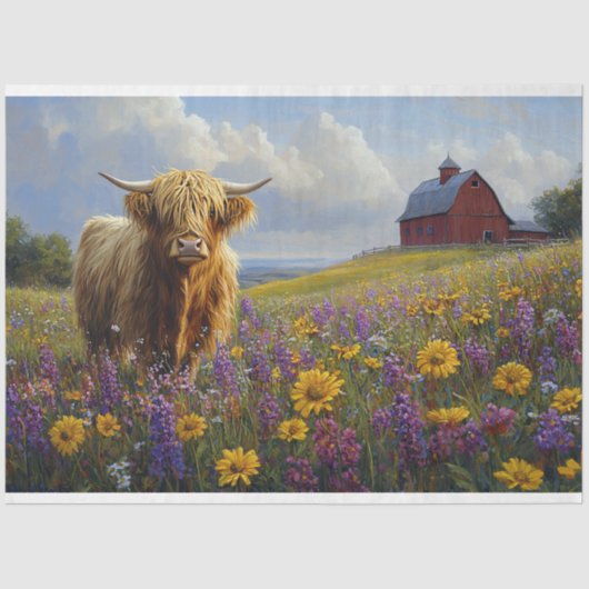 Papier Mousseline Highland Cow Purple Yellow Fleurs sauvages découpa (Recto)