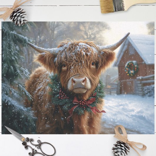 Papier Mousseline Highland Cow Rustic Barnyard Découpage de Noël