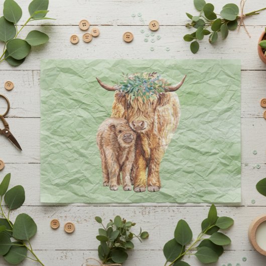 Papier Mousseline Highland Cow Scotland Mama Baby Calf