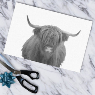 Papier Mousseline Highland Cow Scotland Russe Noir Blanc
