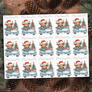 Papier Mousseline Highland Cow Vintage Blue Truck Joyeux Noël