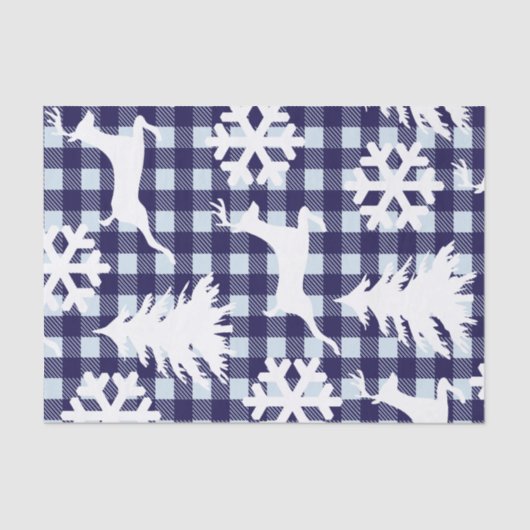 Papier Mousseline Hiver Blue Plaid White Deer Snowflakes & Trees (Recto)