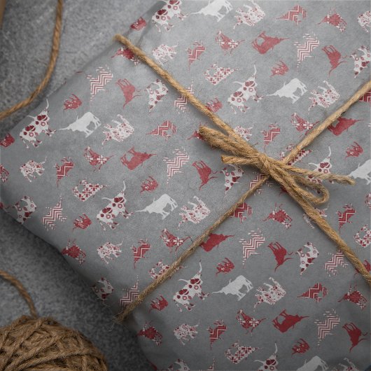 Papier Mousseline Holiday Red Patterned Longhorns Pattern