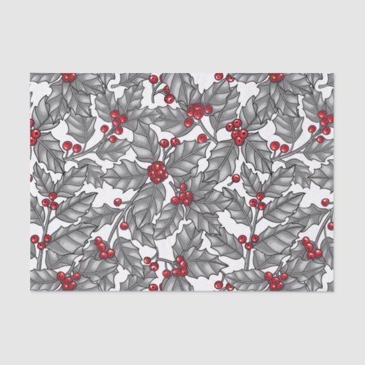 Papier Mousseline Holly berry, feuilles gris sur blanc (Recto)