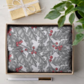 Papier Mousseline Holly berry, feuilles gris sur blanc (Cadeau)