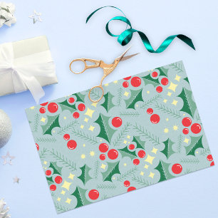 Papier Mousseline Holly Feuille Red Berries Stars Motif de Noël
