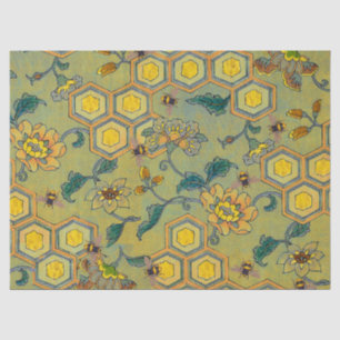 Papier Mousseline HONEY BEES, BEEHIVES, FLEURS DE PRINTEMPS Jaune Ve