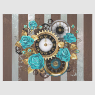 Papier Mousseline Horloge à vapeur et Roses turquoise sur le sol