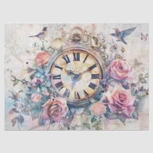 Papier Mousseline Horloge Vintage avec Oiseaux et Roses Decoupage