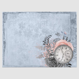 Papier Mousseline Horloge vintage et découpage floral bleu