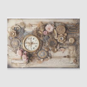 Papier Mousseline Horloges, engrenages, fleurs et éphémère
