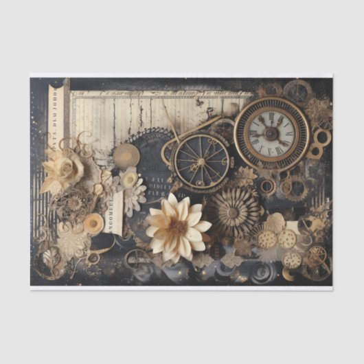 Papier Mousseline Horloges, engrenages, fleurs et éphémère (Recto)