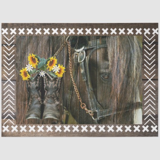 Papier Mousseline Horse Cowboy Boots Sunflowers Rustic Barque (Recto)