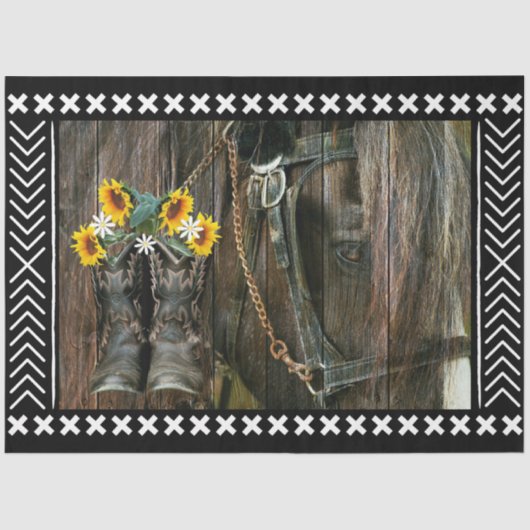Papier Mousseline Horse Cowboy Boots Sunflowers Rustic Barque (Recto)