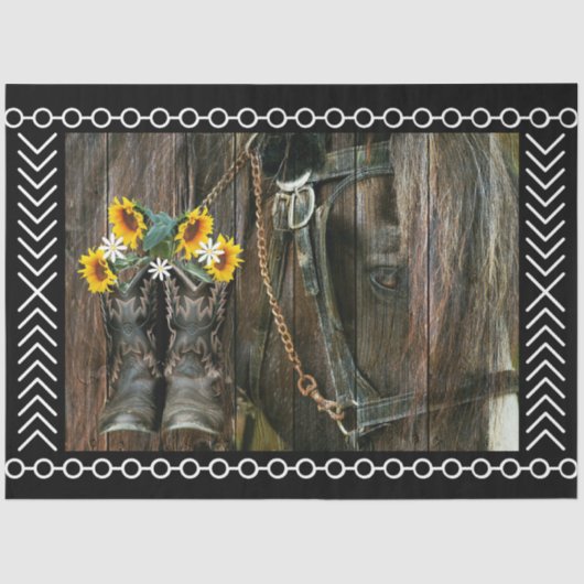 Papier Mousseline Horse Cowboy Boots Sunflowers Rustic Barque (Recto)