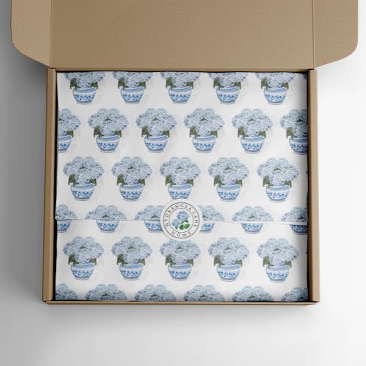 Papier Mousseline Hortensias bleus dans un pot de chinoiserie