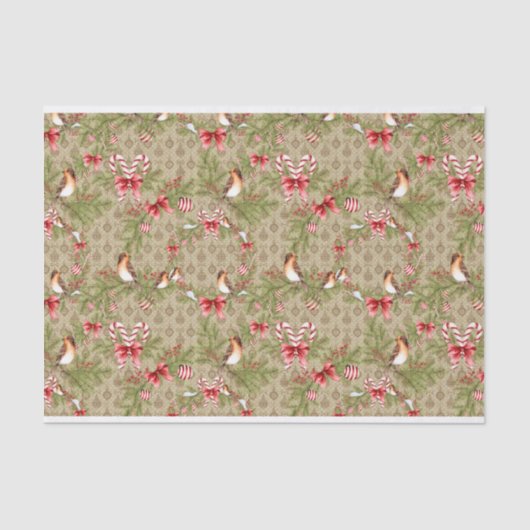 Papier Mousseline Houx de branches de pin d'oiseau de Noël (Recto)