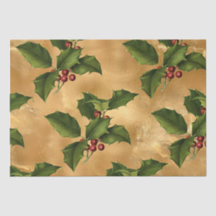 Papier Mousseline Huile d'Or Luxe, Holly Verte, Berries Rouges
