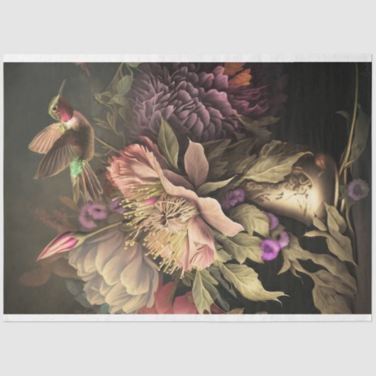 Papier Mousseline Hummingbird et Dark moody Florals découpage (Recto)
