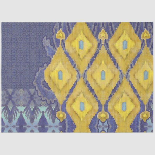 Papier Mousseline IKAT Ouzbékistan Antique Tribal Bleu Jaune Motif (Recto)