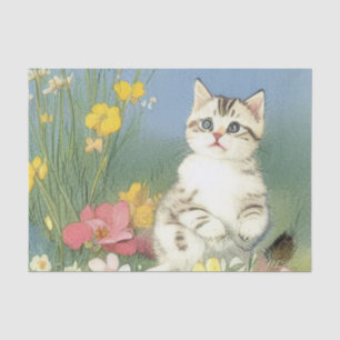 Papier Mousseline Illustration de Kitten vintage avec Fleurs Jaunes