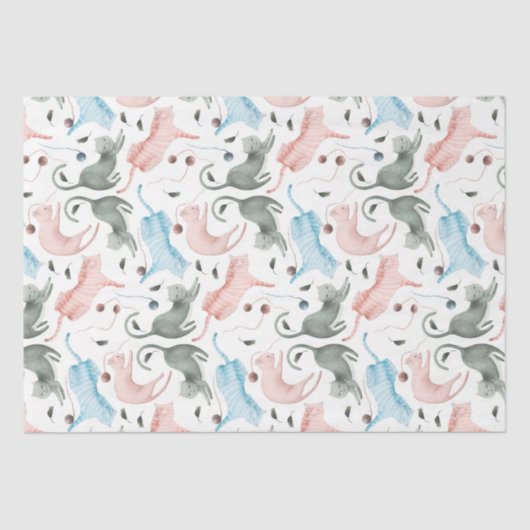 Papier Mousseline Illustration des mignons chats et fils pastel aqua (Recto)