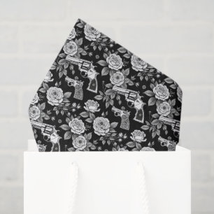 Papier Mousseline Illustration florale vintage Revolver noir blanc