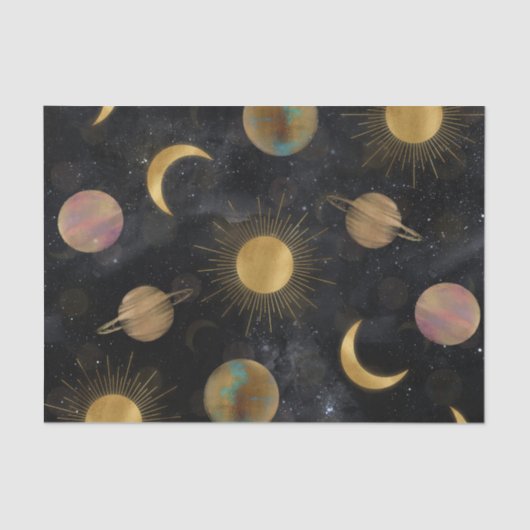Papier Mousseline Illustration Gold Sun Moon Planètes Space (Recto)