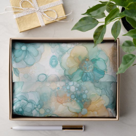 Papier Mousseline Illustration turquoise de l'encre d'alcool jaune (Cadeau)