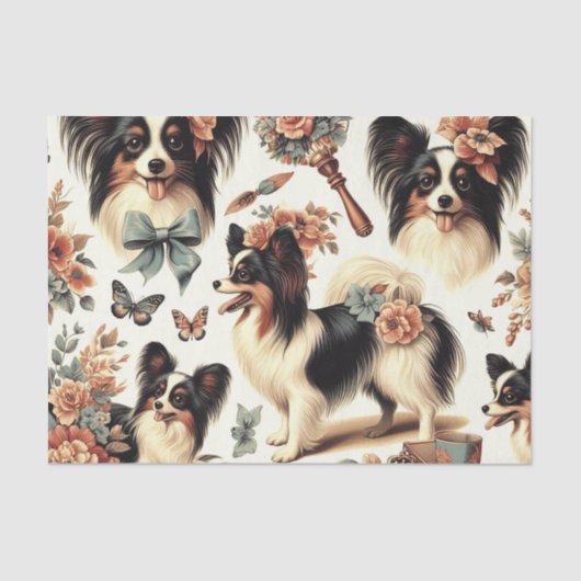 Papier Mousseline Illustration Vintage de chien Papillon (Recto)