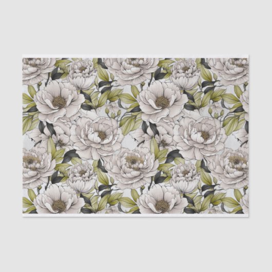 Papier Mousseline Illustration White Peonies avec Feuilles vert clai (Recto)
