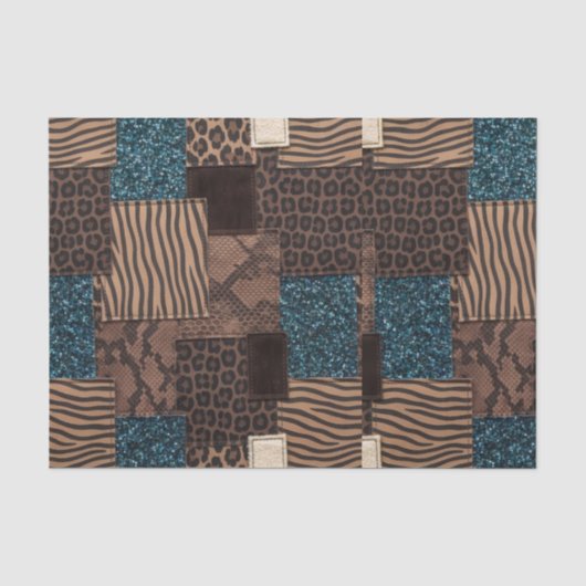 Papier Mousseline Impression d'animaux africains patchwork | Marron (Recto)