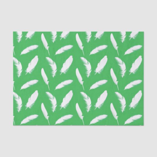 Papier Mousseline Impression en plumes blanches sur vert jade (Recto)