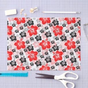 Papier Mousseline Imprimé floral d'Hibiscus Tropical Rouge Noir 