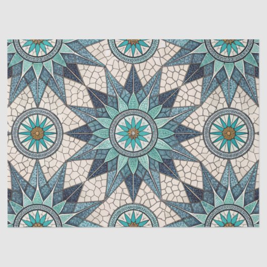 Papier Mousseline Indigo Teal Compass Mosaic – Stained Glass (Recto)