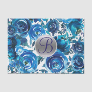 Papier Mousseline Initiale de lettre de monogramme floral bleu indig