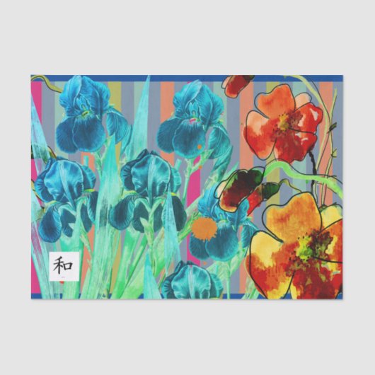 Papier Mousseline IRIES BLEUES AVEC BANDE MULTICOULEUR Papier Tissu (Recto)