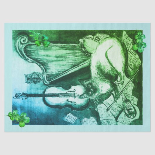 Papier Mousseline Irish Harp et St.Patrick's Day Cat Making Music (Recto)