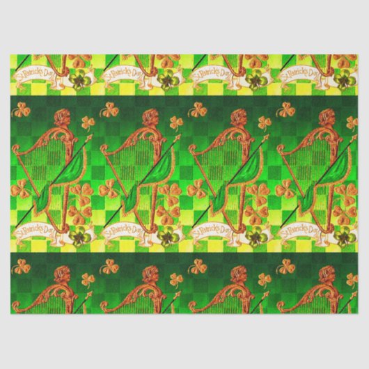 Papier Mousseline IRLANDE HARP, OR VERT SHAMROCK St Patrick's Day (Recto)