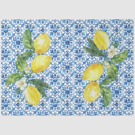 Papier Mousseline Italian Lemons Blue White Tile Decoupage  (Recto)