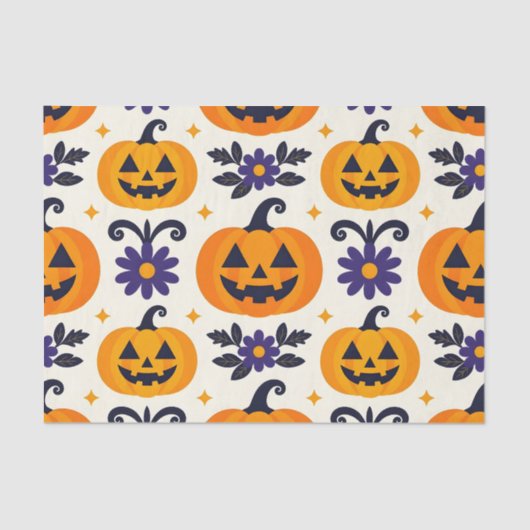 Papier Mousseline Jack-O'-Lanterns Souriant Fleurs violettes Hallowe (Recto)