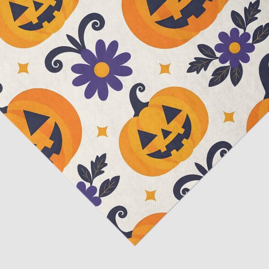 Papier Mousseline Jack-O'-Lanterns Souriant Fleurs violettes Hallowe (Détail)