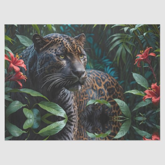 Papier Mousseline Jaguar mélaniste dans la jungle Fleurs rouges (Recto)