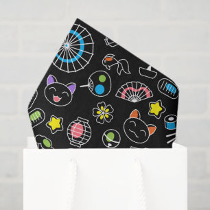 Papier Mousseline Japonais Kawaii Doodles de culture sur le noir