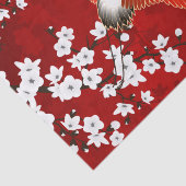 Papier Mousseline Japonaise Grue Blanc Cerisier Fleur Rouge (Détail)